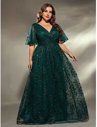Leely Plus Women's Elegant V Neck Flounce Sleeve A-Line Dress - 5