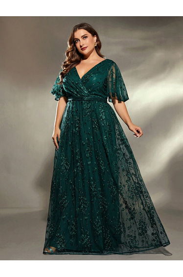 Leely Plus Women's Elegant V Neck Flounce Sleeve A-Line Dress