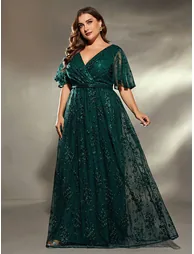 Leely Plus Women's Elegant V Neck Flounce Sleeve A-Line Dress