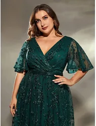 Leely Plus Women's Elegant V Neck Flounce Sleeve A-Line Dress - 3