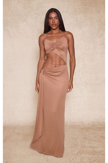 Deep Taupe Soft Touch Beaded Cut out Maxi Dress