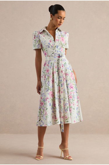 Viviette | Cream Floral Print Collared-Neck Midi Dress