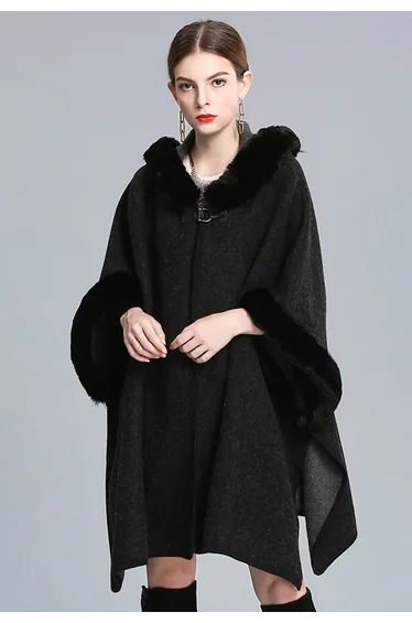 Cozy Faux Fur Hooded Poncho in Black