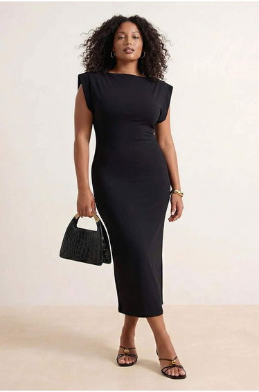 Black Plain Midi Padded Draped Bodycone/Fitted Stretchy Knitted Plus Size Dress