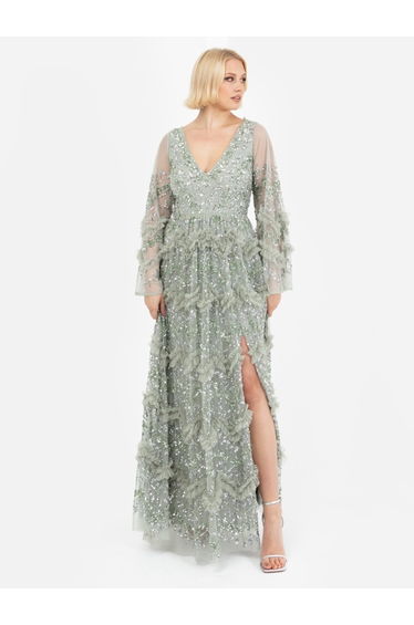 Maya Sage Green Fully Embellished Floor Length Dress With Frill Detail