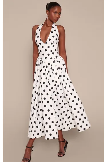 Monochrome Polka Dot Halterneck Tie Detail Ruched Midaxi Dress