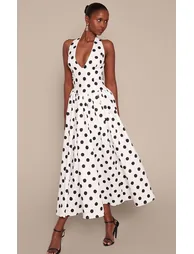 فستان ميداكسي مزموم بياقة هالتر بربطة بطبعة منقطة - 2