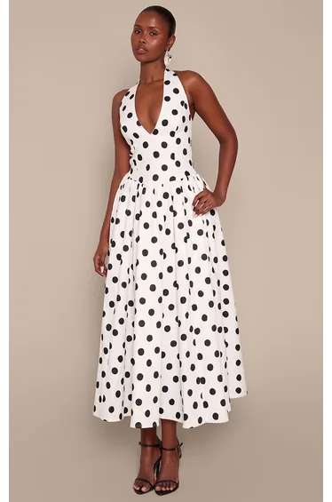 Monochrome Polka Dot Halterneck Tie Detail Ruched Midaxi Dress