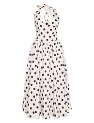 فستان ميداكسي مزموم بياقة هالتر بربطة بطبعة منقطة - 4