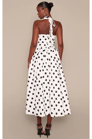 Monochrome Polka Dot Halterneck Tie Detail Ruched Midaxi Dress