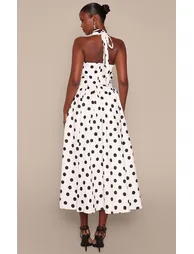 فستان ميداكسي مزموم بياقة هالتر بربطة بطبعة منقطة - 1