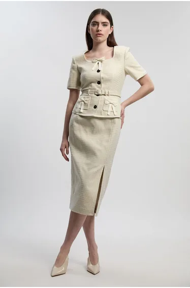 Tailored Tweed Bow Detail Midi Pencil Dress