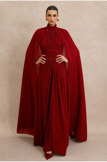 Gathering High Neck Cape Maxi Dress