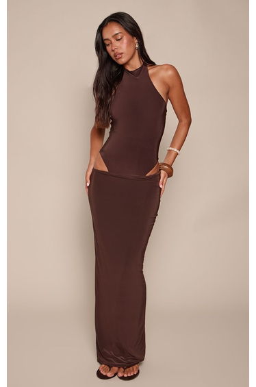 Chocolate Slinky Asymmetric Low Waist Maxi Skirt Co-ord