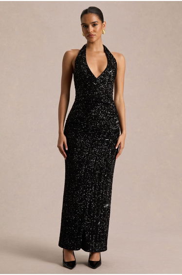 Gio | Black Sequin Plunge-Neck Wrap Maxi Dress With Ruched Detailing