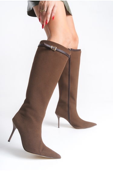 Brown suede belt detailed thin heeled women's boots