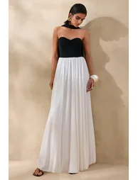 Beamora | Black & White Bandeau Maxi Dress With Cape - 2
