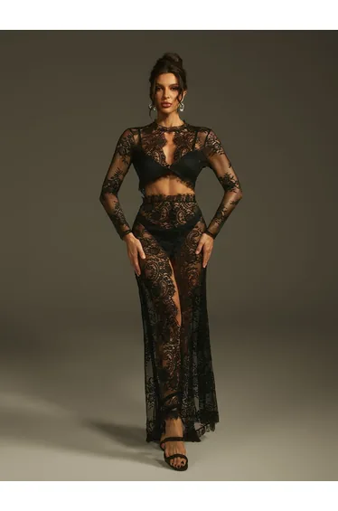 Mareike Long Sleeve Lace Split Maxi Dress In Black