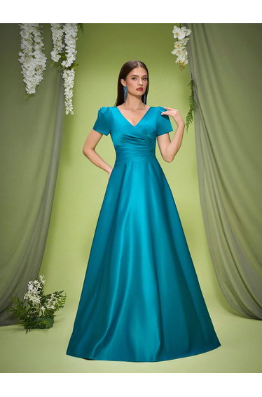 Leely Women's Elegant V Neck Short Sleeve Prom Dress