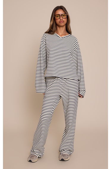 Petite Cream Stripe Soft Touch Cropped V Neck Top