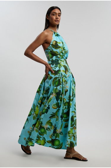 Lime Print Cotton Halter Neck Woven Midi Dress With Dropped Waist Detail