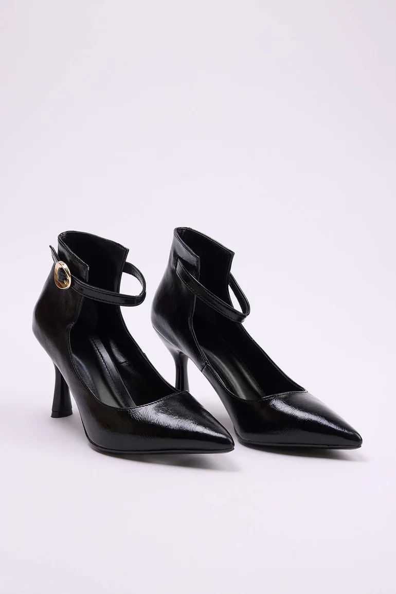 Black Ankle Strap Pointed Toe Women's 7 cm Thin Heeled Shoes