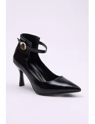 Black Ankle Strap Pointed Toe Women's 7 cm Thin Heeled Shoes - 1