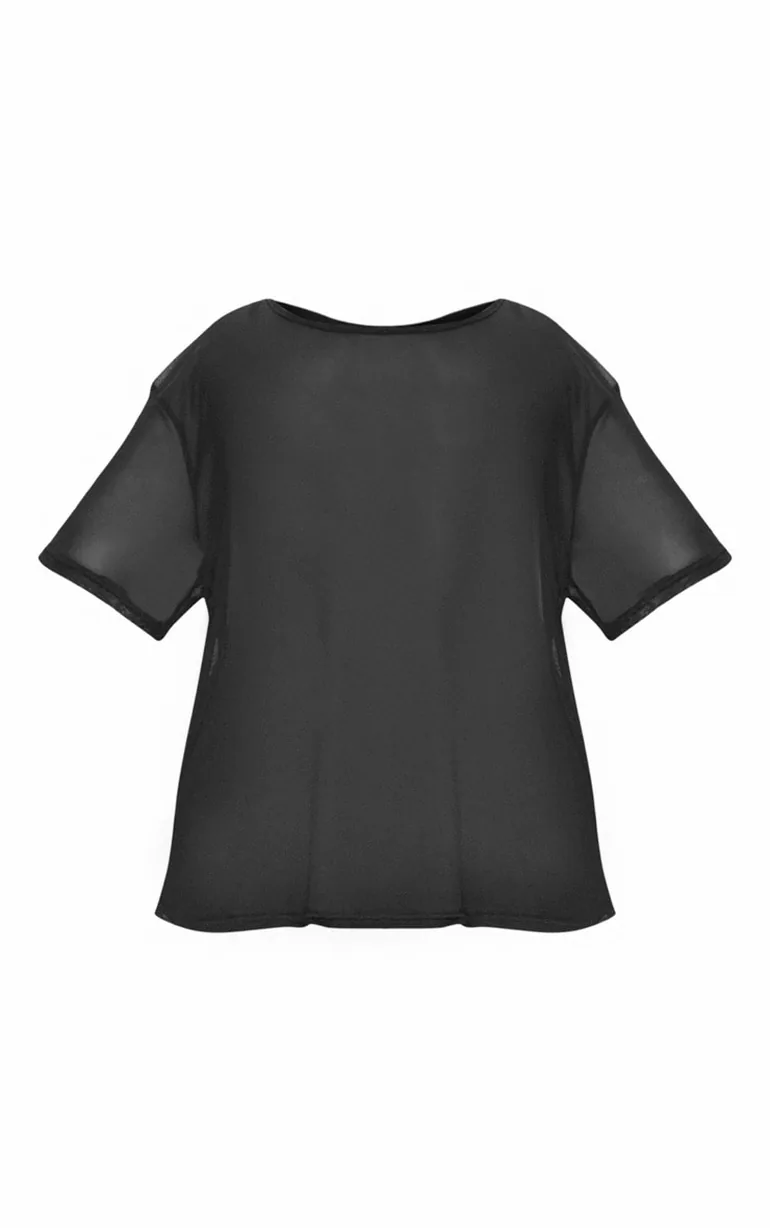 Plus Black Sheer Mesh Oversized T-Shirt - 2