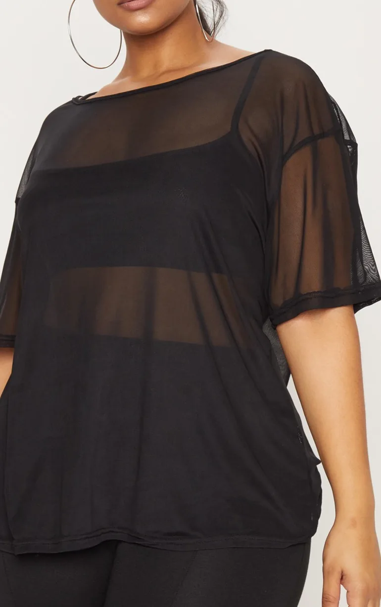 Plus Black Sheer Mesh Oversized T-Shirt - 4