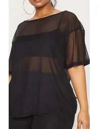 Plus Black Sheer Mesh Oversized T-Shirt - 4