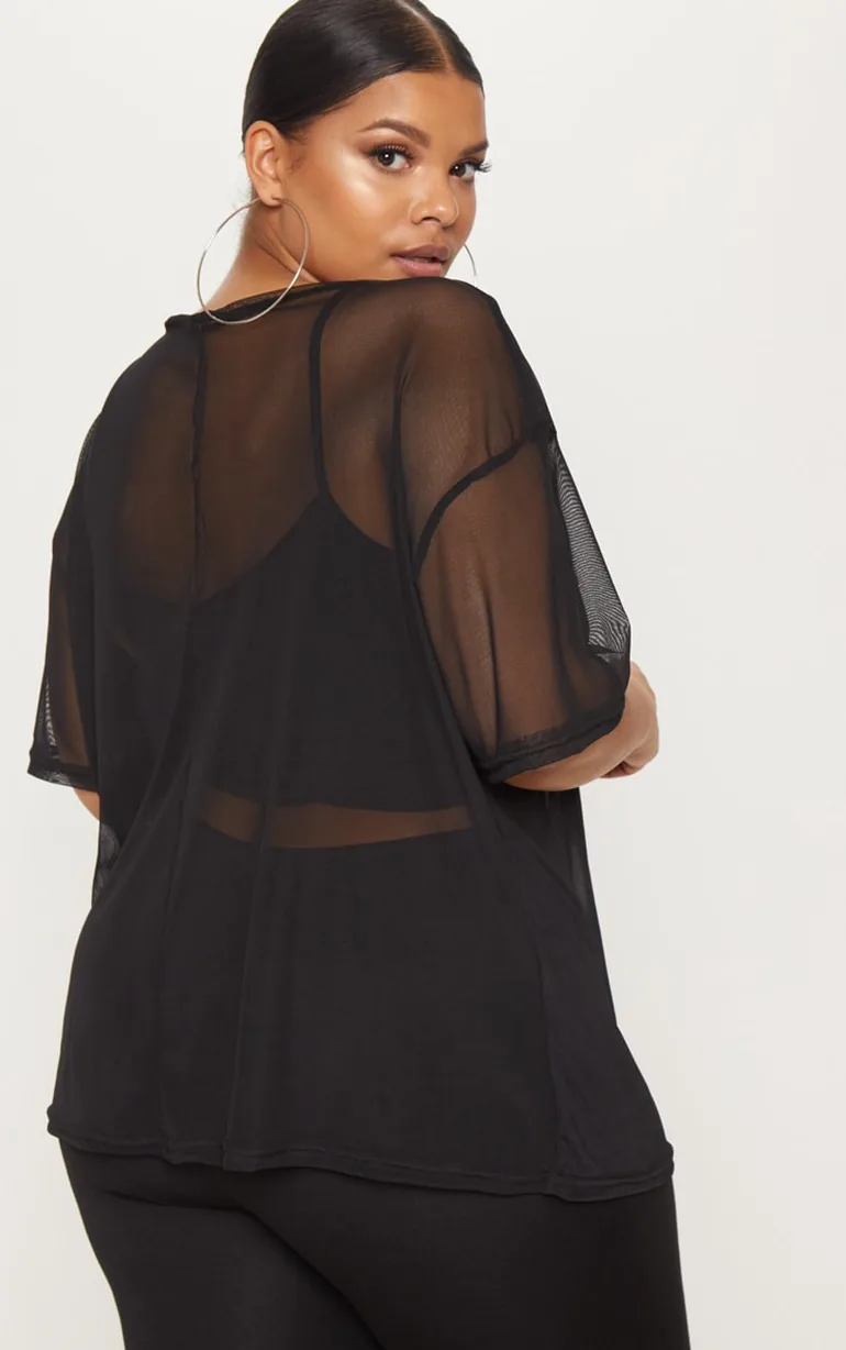Plus Black Sheer Mesh Oversized T-Shirt - 1