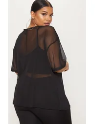 Plus Black Sheer Mesh Oversized T-Shirt - 1