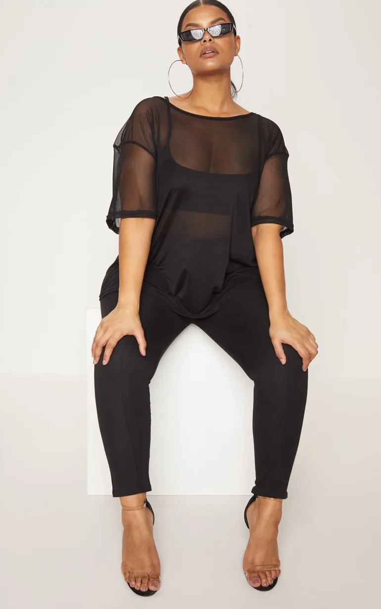 Plus Black Sheer Mesh Oversized T-Shirt - 3