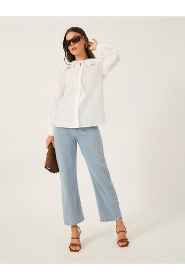 Solid Peter Pan Collar Button Front Blouse with Tie Detail