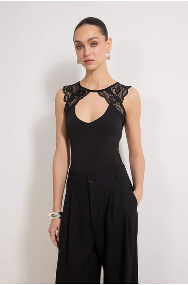 Black Lace Detailed Backless Knitted Bodysuit