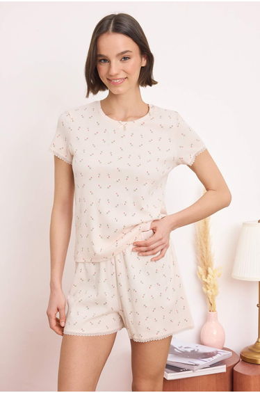Light Pink Cotton Floral Lace Detailed Ribbed Knit Knitted Pajamas Set