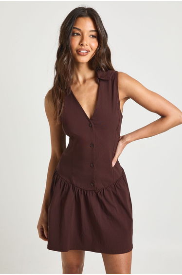 Bengaline Button Up Frill Hem Shirt Dress - chocolate