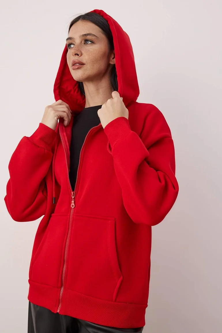 Red oversize/comfortable cut zippered thick fleece lined knitted sweatshirt - 1