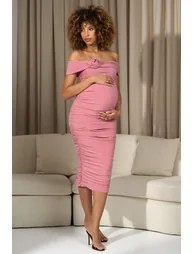 Prairie | Blush Pink Bardot Maternity Midaxi Dress With Flower - 4