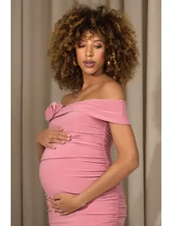 Prairie | Blush Pink Bardot Maternity Midaxi Dress With Flower - 2