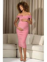Prairie | Blush Pink Bardot Maternity Midaxi Dress With Flower - 3