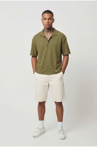 Short Sleeve Ribbed Revere Oversized Shirt - khaki
