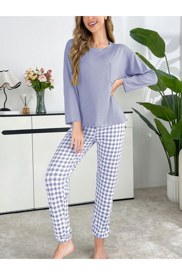 Purple Plain T-Shirt and Checked Pyjama Set