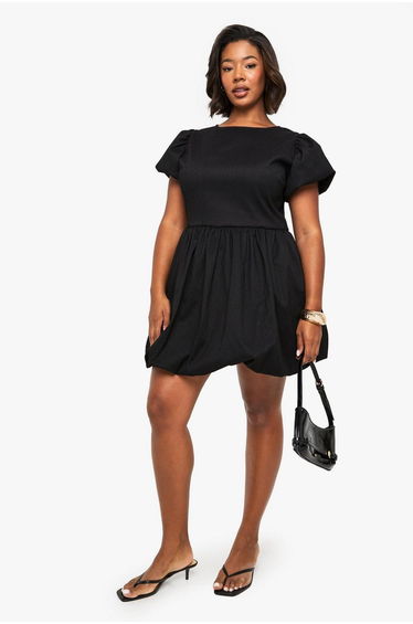 PLUS BONDED TEXTURED PUFFBALL SKATER DRESS - black