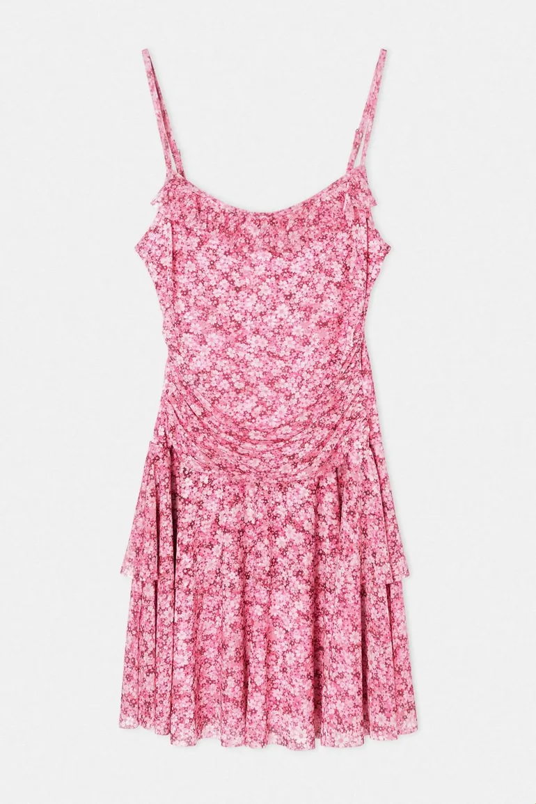 Pink Floral Bodycon Pool Collar Spaghetti Strap Sleeveless Mini t Tulle a Lined Knitted Dress - 2
