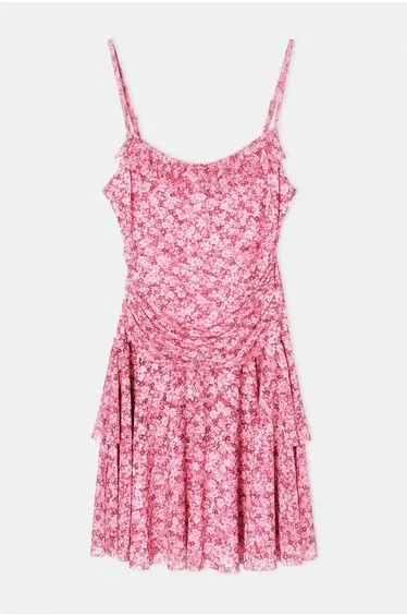 فستان زهري قصير على شكل حرف A بطبعة أزهار