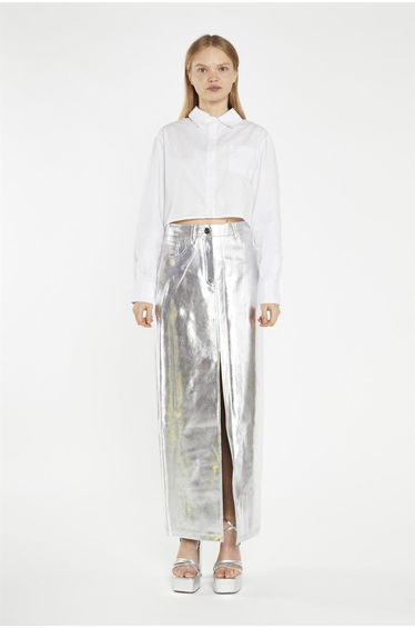 Silver PU Centre-Split Maxi-Skirt