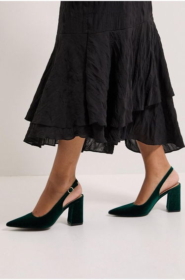 Ellens Velvet Pointed High Block Heel Slingback Court Shoes