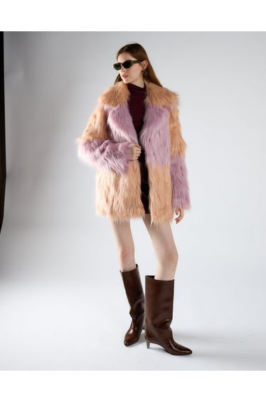 Collared Faux Fur Coat - Pastel Ombre