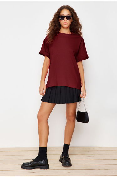 Claret Red 100% Cotton Premium Oversize/Wide Pattern Crew Neck Knitted T-Shirt